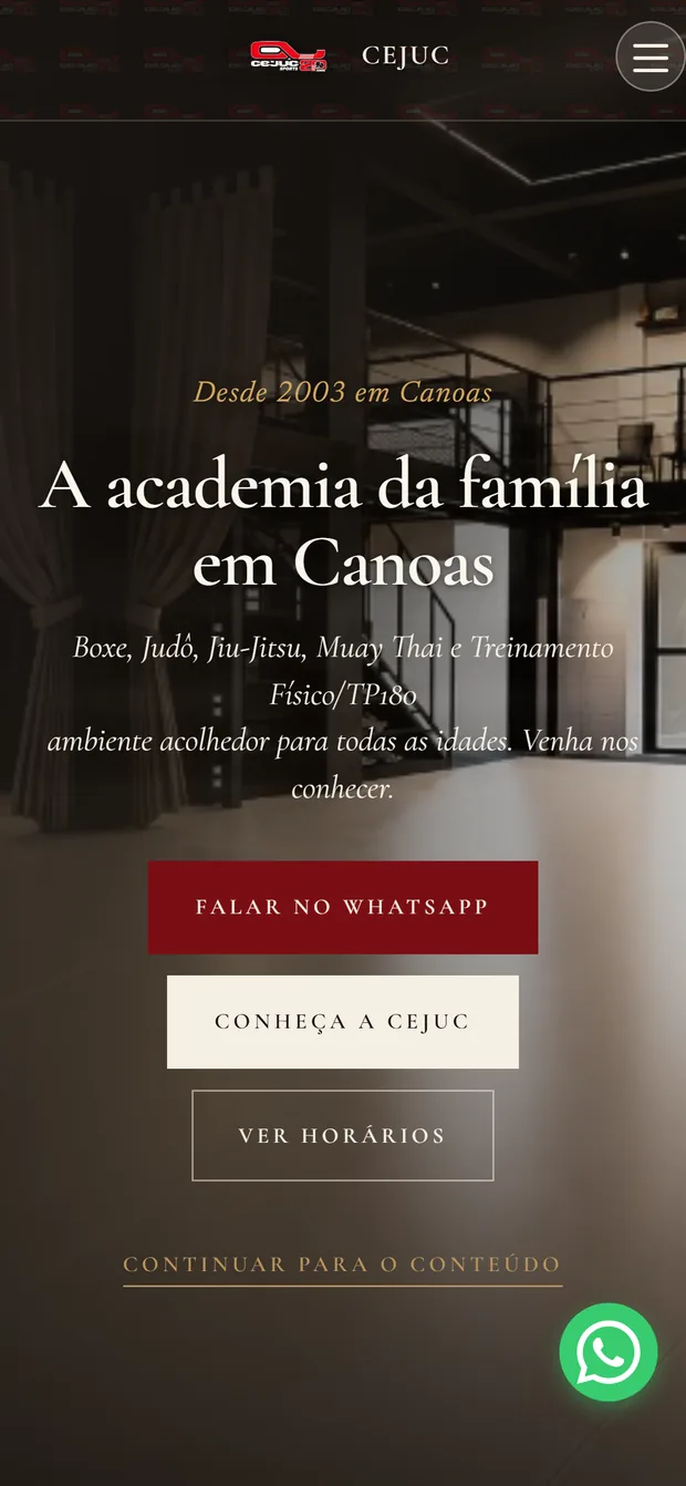 Home do CEJUC Sports no celular: título, subtítulo e botões empilhados, menu compacto e botão flutuante de WhatsApp.